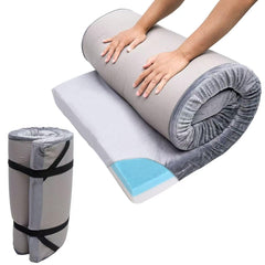 The Bzvystux memory-foam sleeping pad in roll-up form for easy travel and space-saving storage.