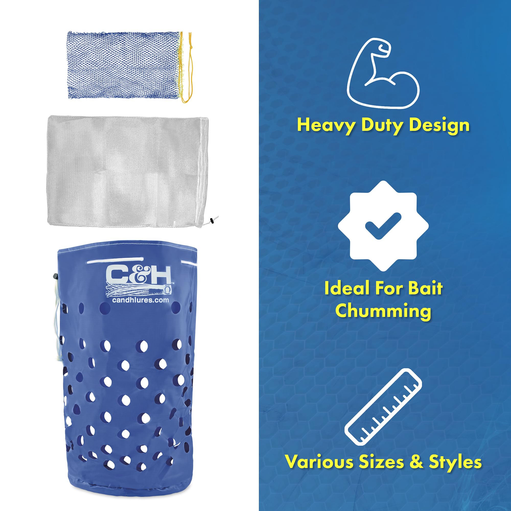 Chum bag displaying 5-gallon capacity for bait chumming