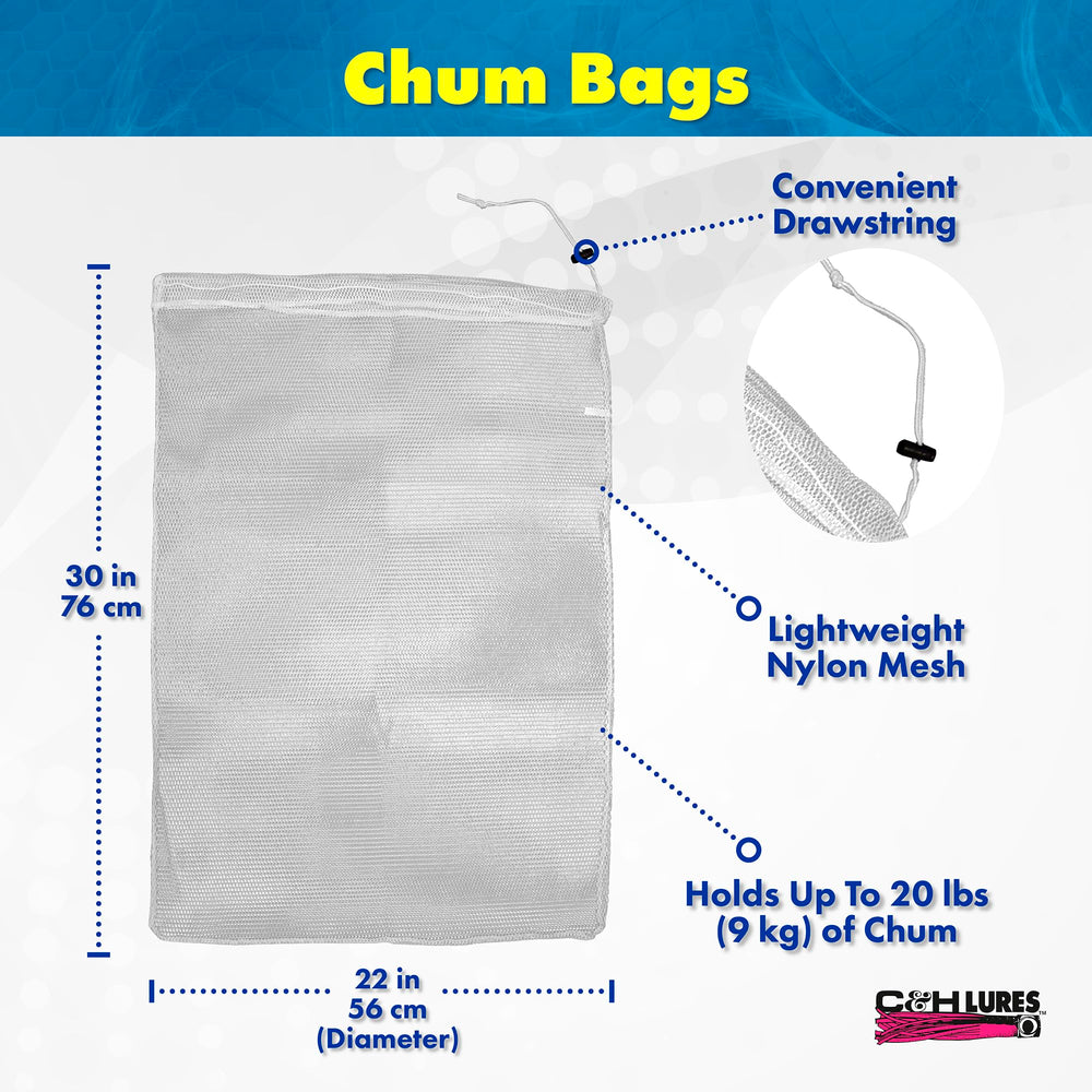 Dimensions of C&H Lures Chum Bag Original Style: 12 inches diameter by 21 inches height