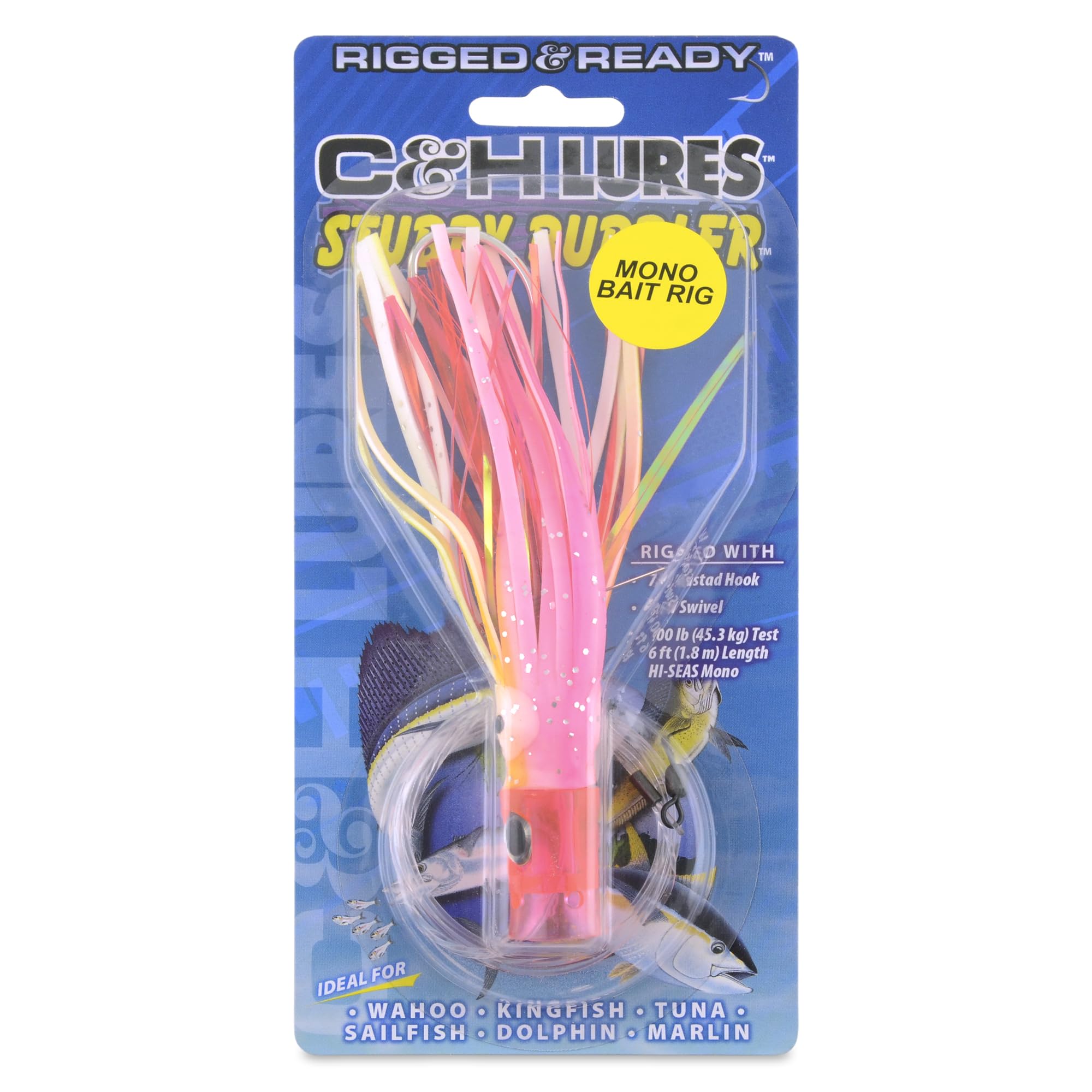C&amp;H Lures Stubby Bubbler Bait Rig full assembly showing 6ft 100 lb mono for sailfish and tuna