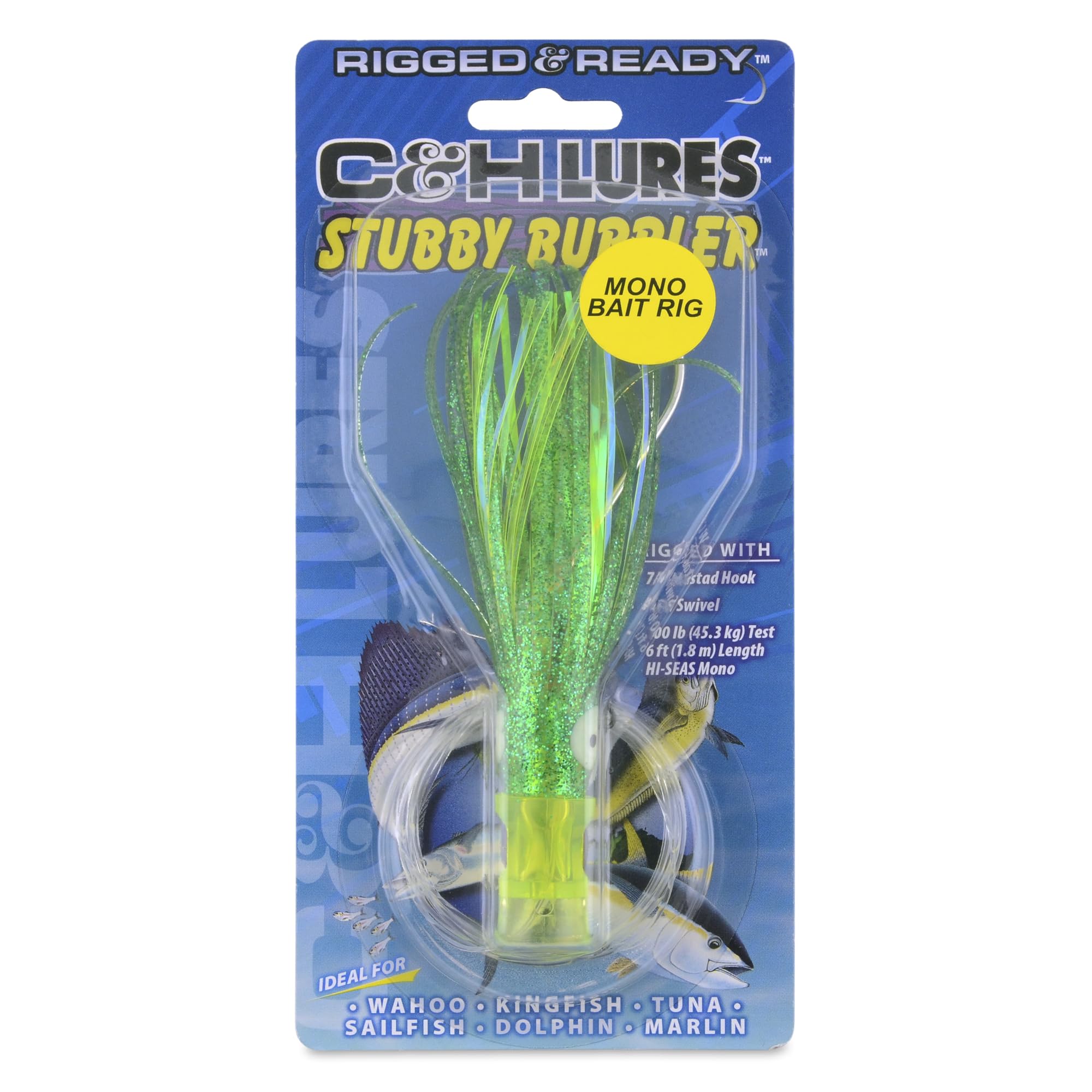 C&H Lures Stubby Bubbler Rig with chartreuse skirt and 7/0 Mustad hook for big fish.