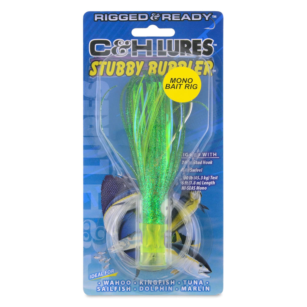 C&H Lures Stubby Bubbler Rig with chartreuse skirt and 7/0 Mustad hook for big fish.
