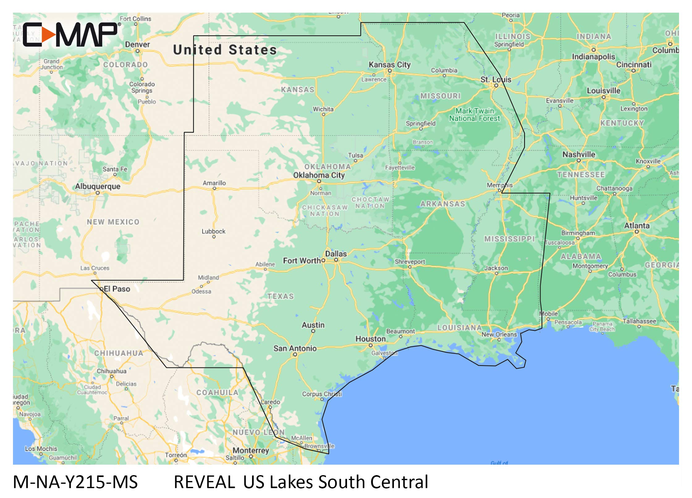 C-MAP Reveal Lakes shaded relief visualizes land and underwater terrain for safer navigation.