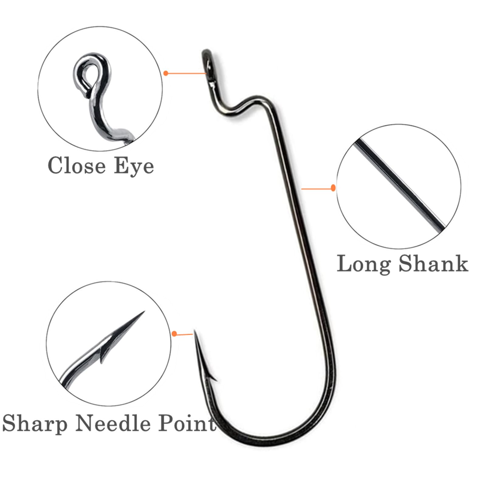 Black-plated carbon steel offset worm hook showing corrosion resistance
