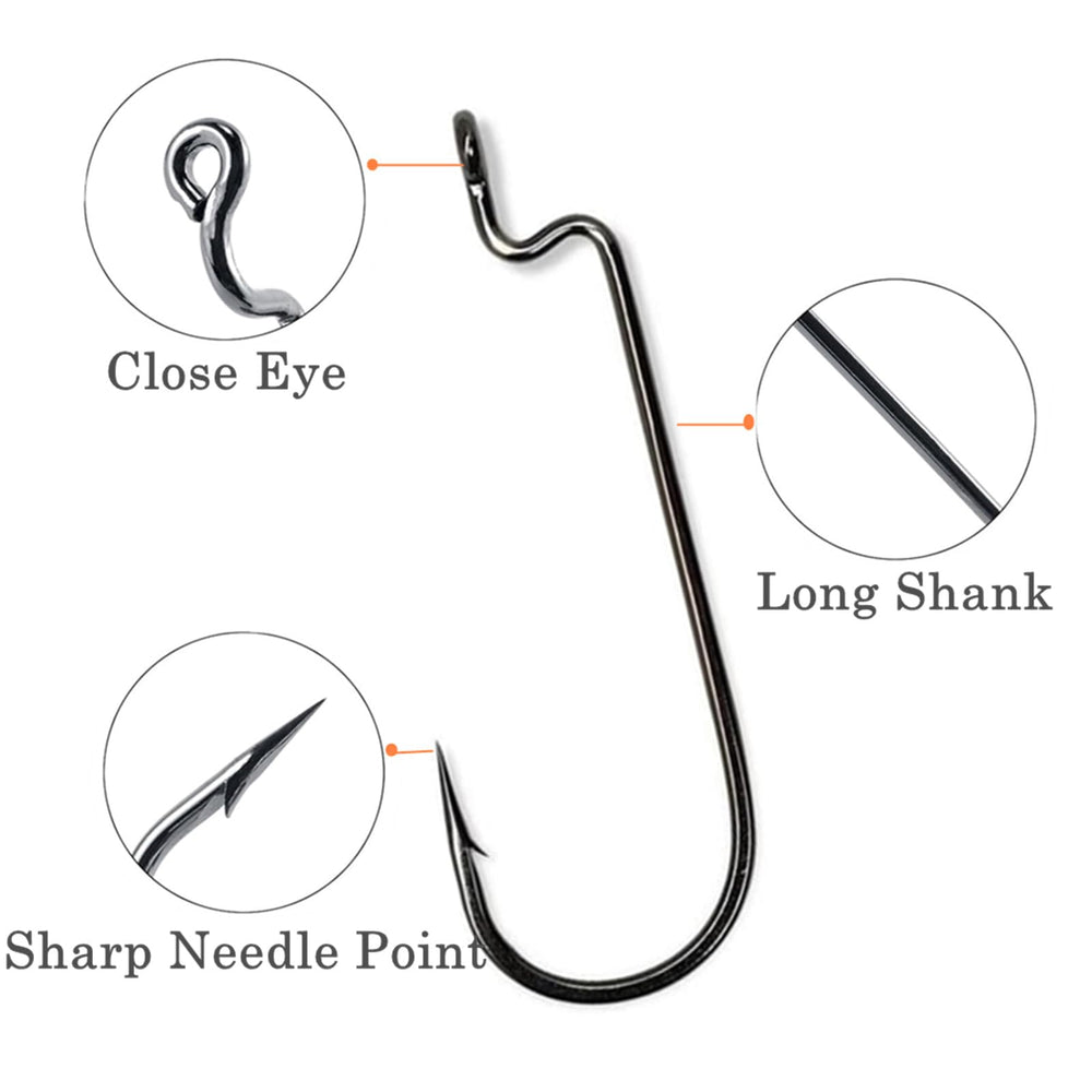 Black-plated carbon steel offset worm hook showing corrosion resistance