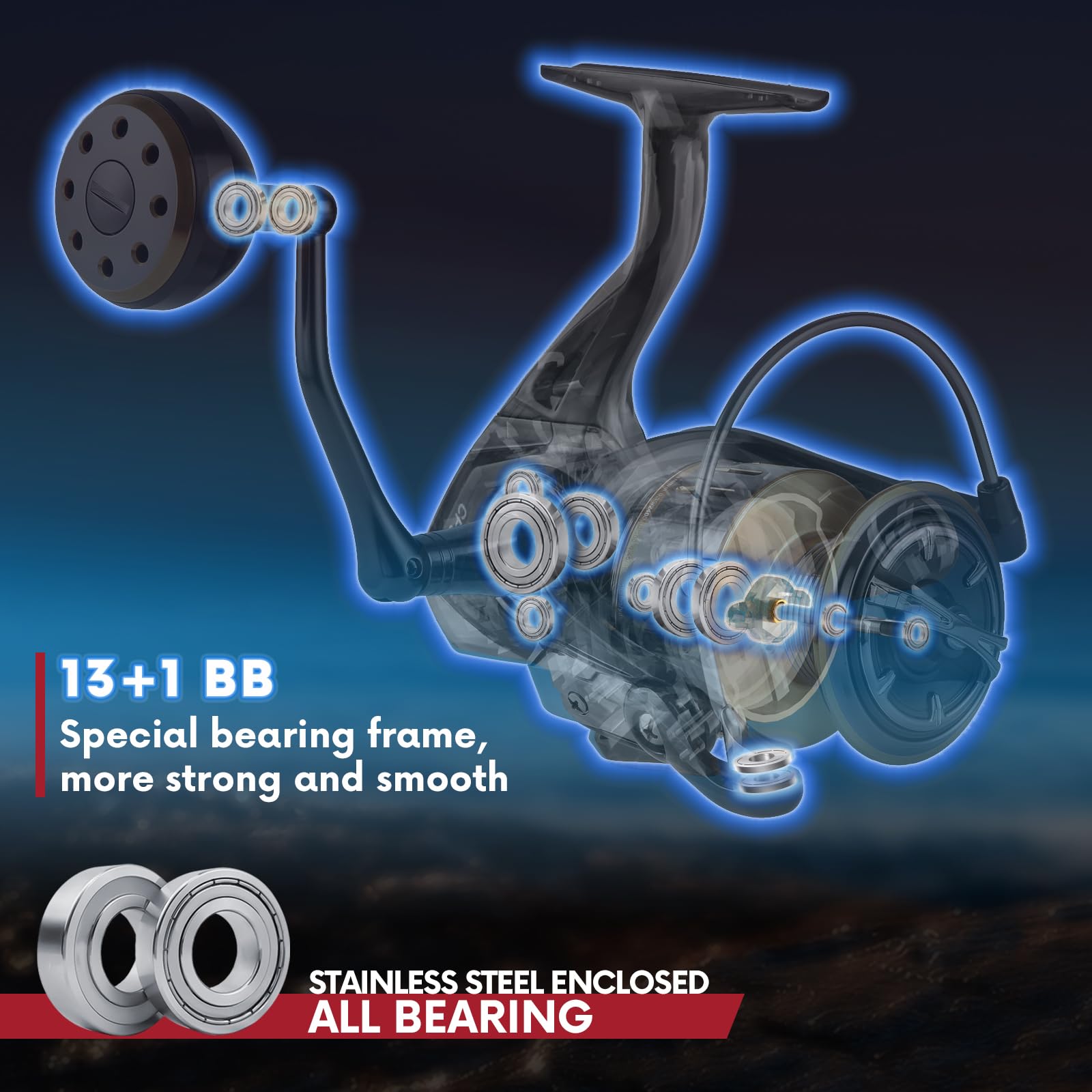 Cabom Nytex saltwater spinning reel carbon fiber drag system boosts strength without bulk.