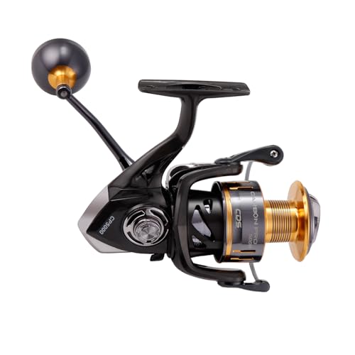 Cabom Nytex saltwater spinning reel extended CNC aluminum arm offers comfortable extended sessions.