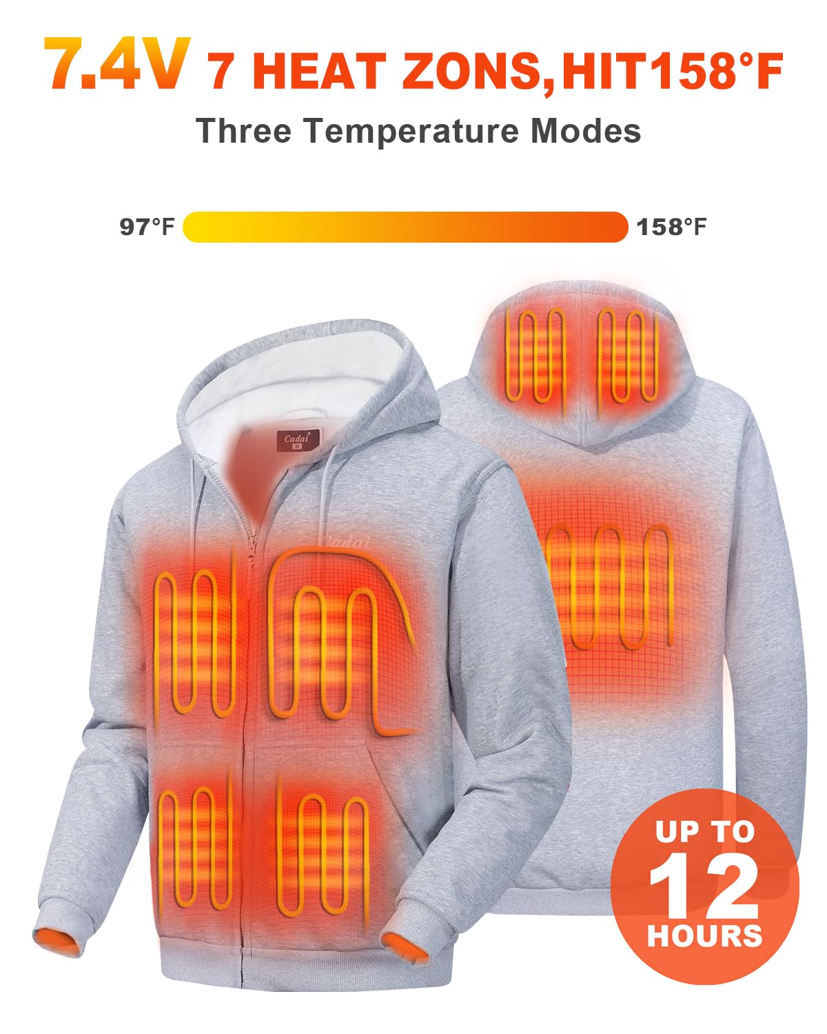 Cadai heated hoodie side hood image demonstrates discreet hood heating and adjustable fit
