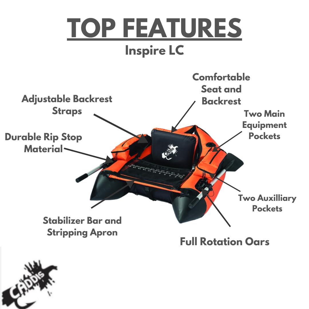 Caddis Inspire-LC II float tube side view emphasizing compact packing and stable performance on the water