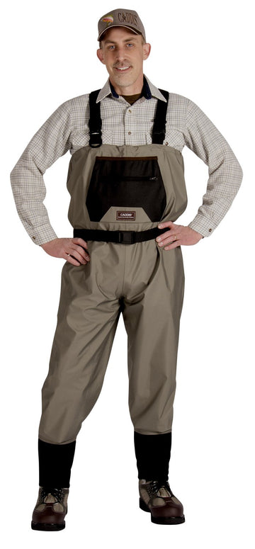 CADDIS men's taupe breathable stocking-foot wader top view highlights lightweight durability