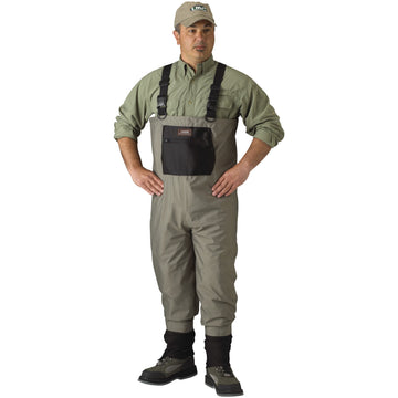 CADDIS stocking-foot wader side view showing gravel guards for rugged riverbank use.