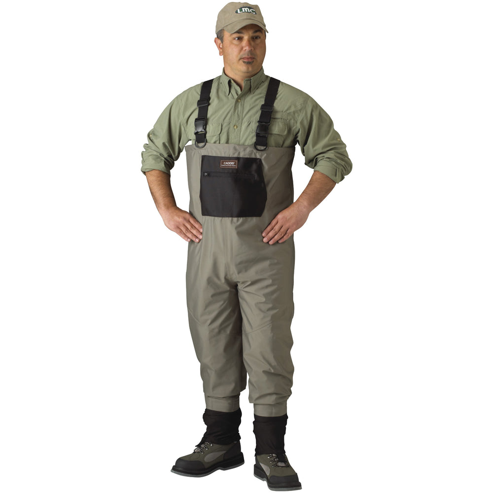 CADDIS Men's taupe waders with adjustable suspenders for a customizable fit on the water.
