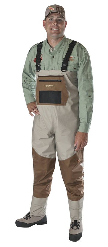 Caddis Deluxe breathable stockingfoot waders in taupe show all-day comfort and breathable performance.
