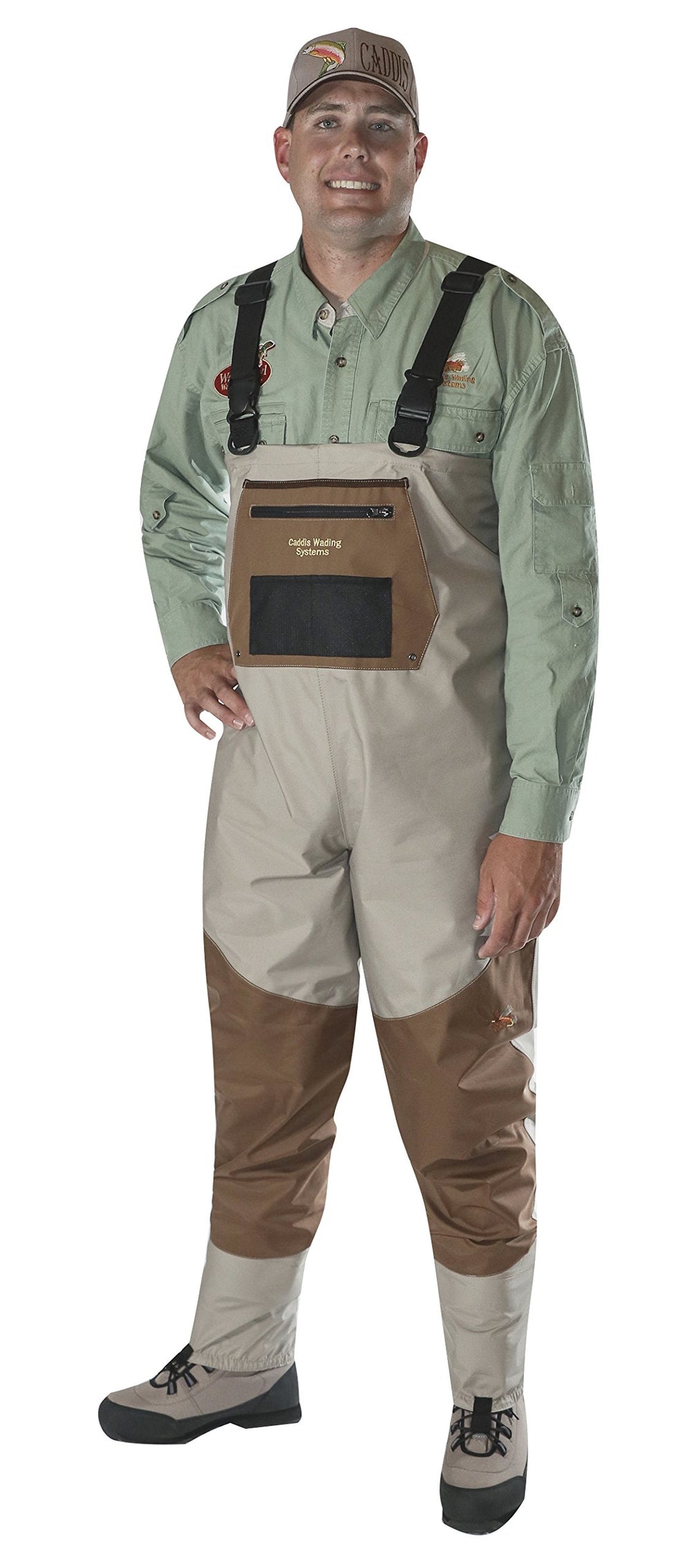 Caddis Deluxe breathable stockingfoot waders in taupe show all-day comfort and breathable performance.