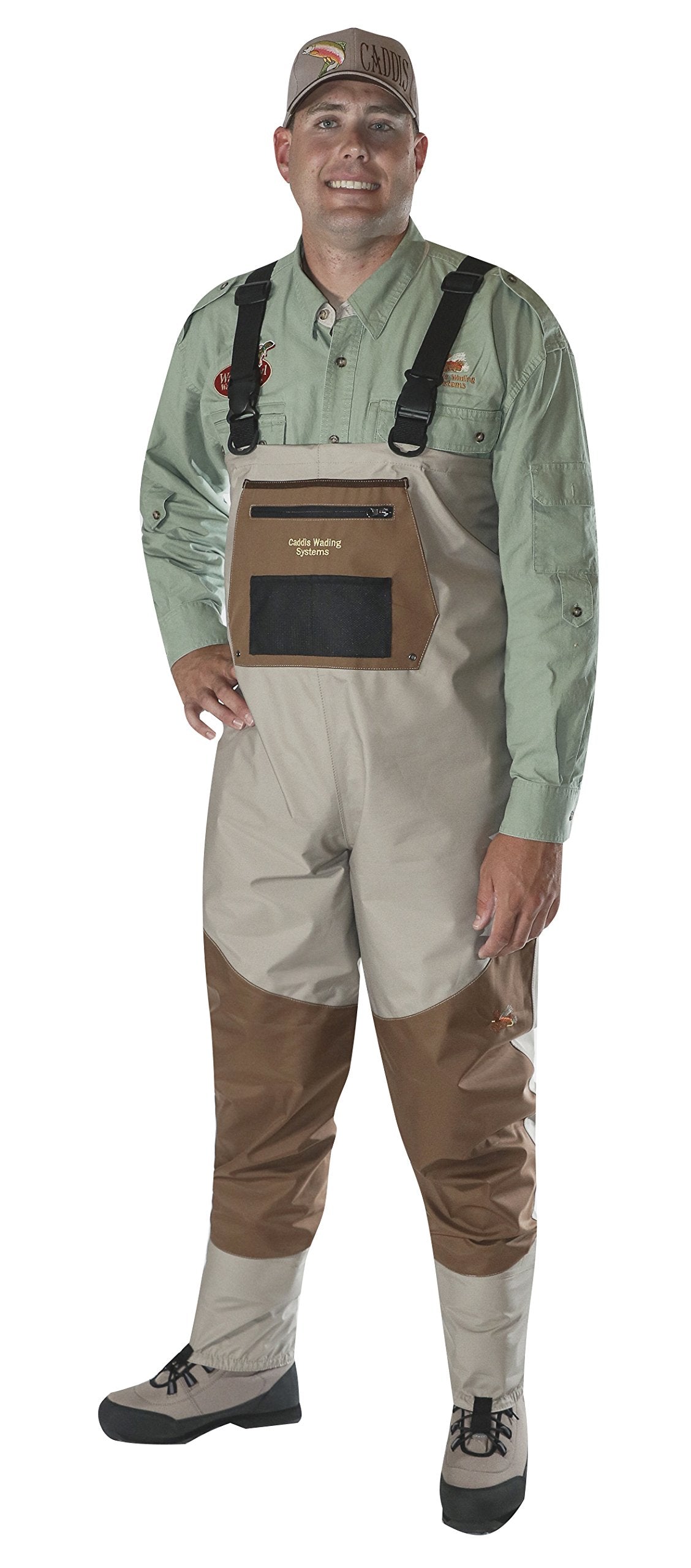 Caddis Deluxe breathable stockingfoot waders in taupe show all-day comfort and breathable performance.
