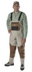 Caddis Deluxe breathable stockingfoot waders in taupe show all-day comfort and breathable performance.