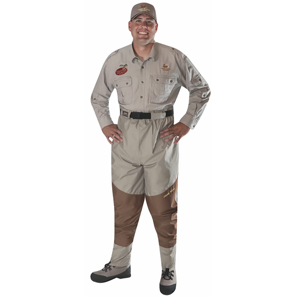 Caddis Wading Systems men's wader front view shows breathable taupe fabric for long fishing days