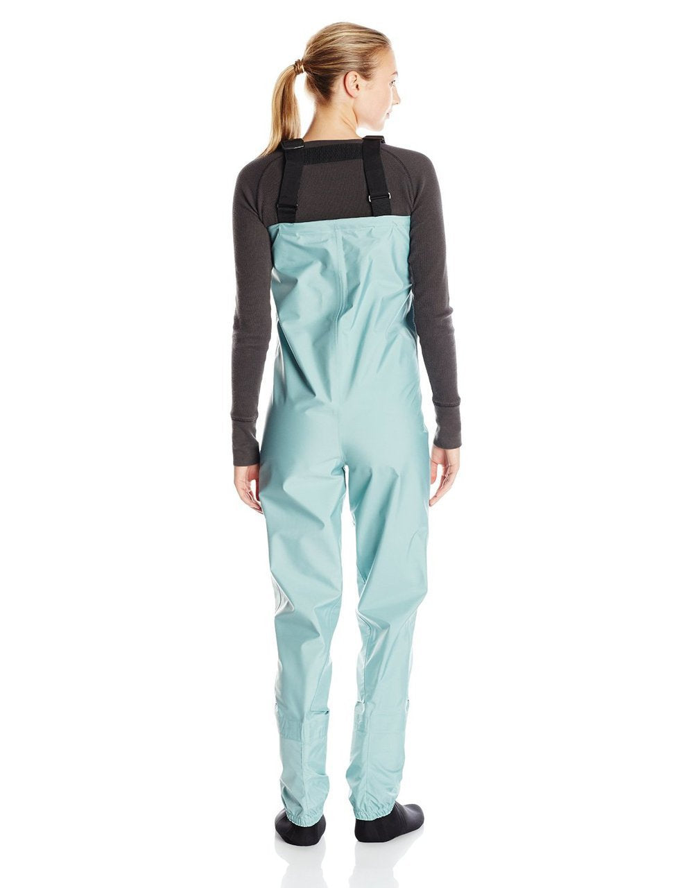 Caddis Women's Teal Deluxe Breathable Wader in-water view demonstrates flexible movement and splash protection.