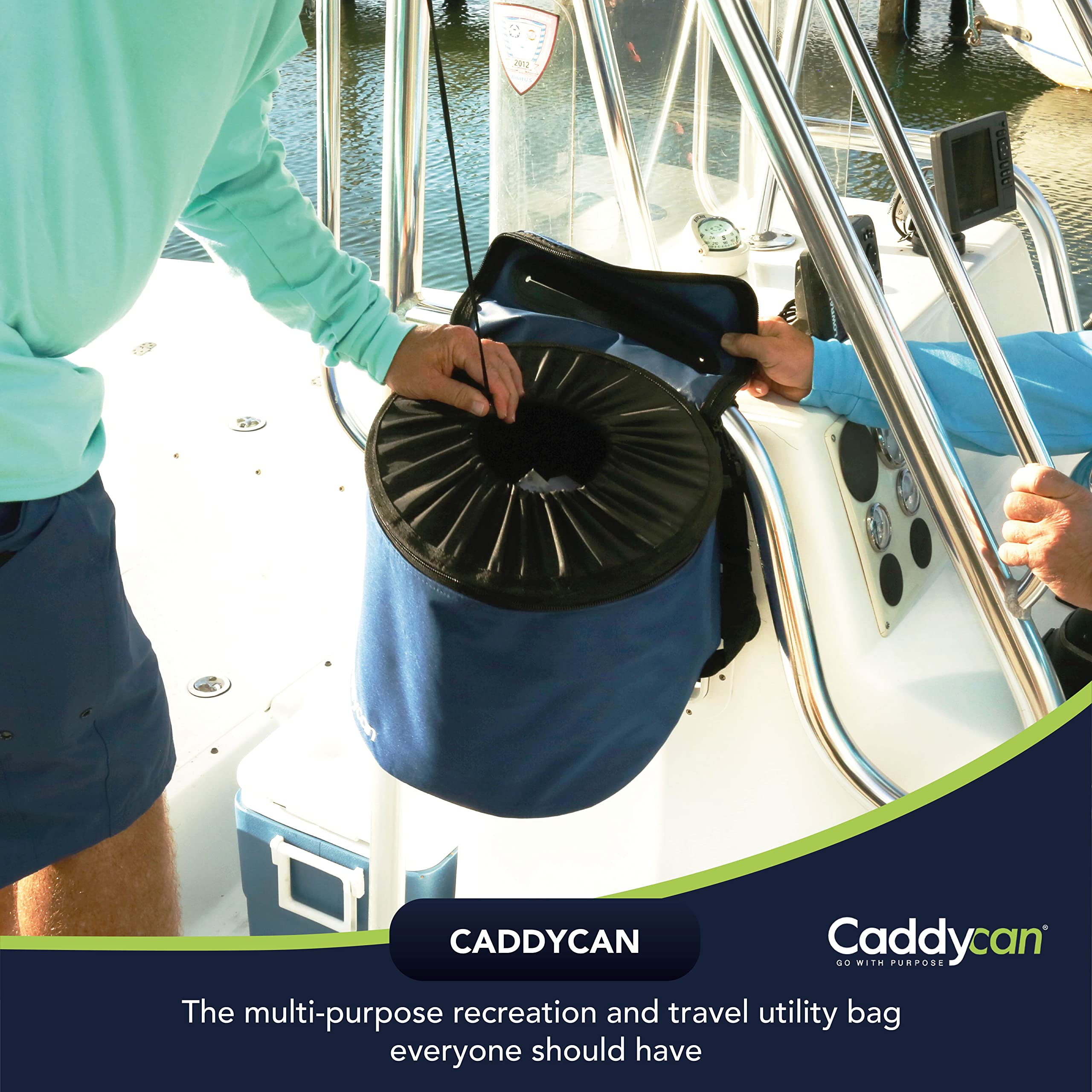 Caddycan collapsible trash bin folded for compact storage after adventures.