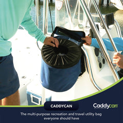 Caddycan collapsible trash bin folded for compact storage after adventures.