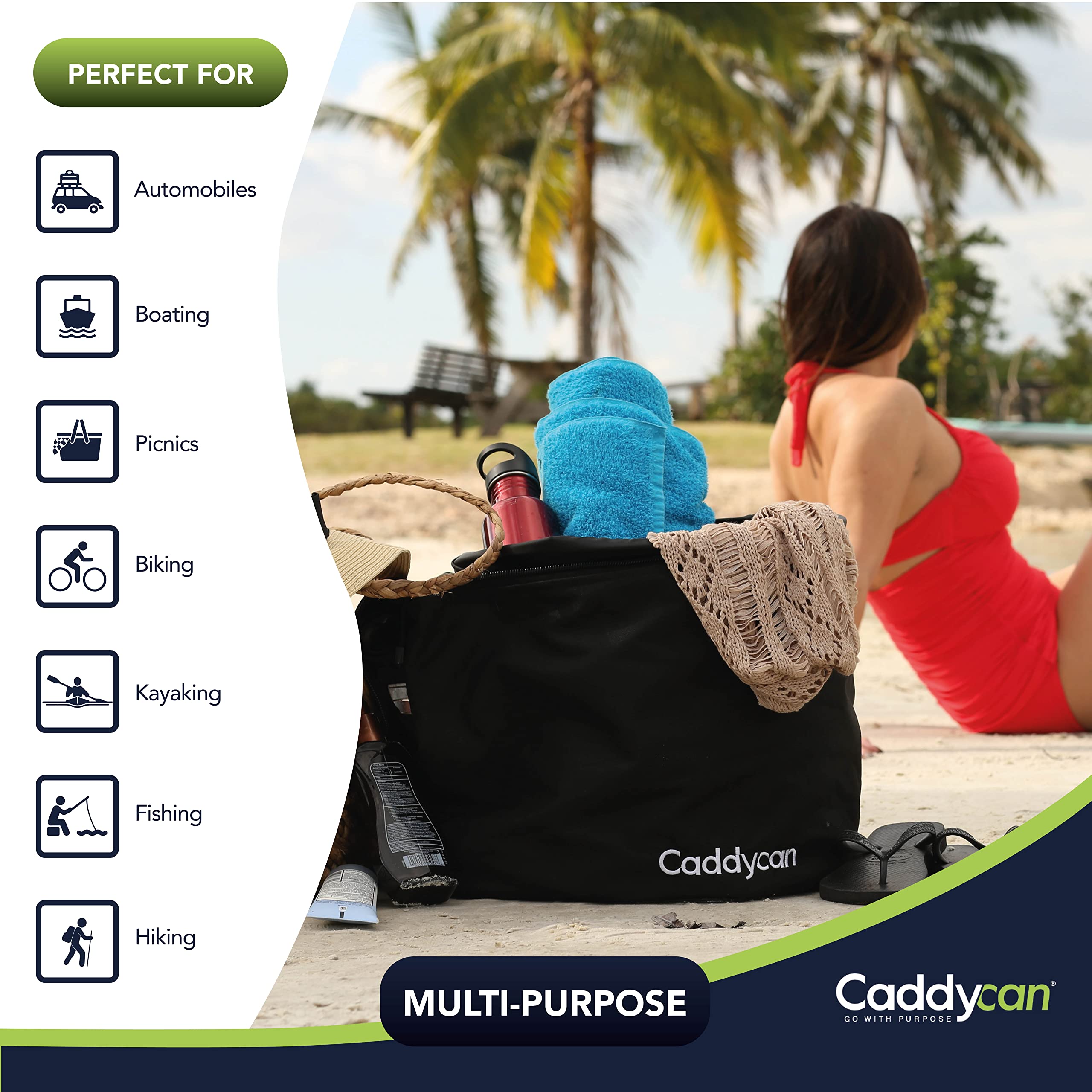 Caddycan removable liner simplifies cleaning after beach and lake trips.