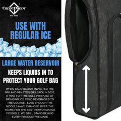 CaddyDaddy leak-resistant liner shown to prevent condensation and spills on cart paths.