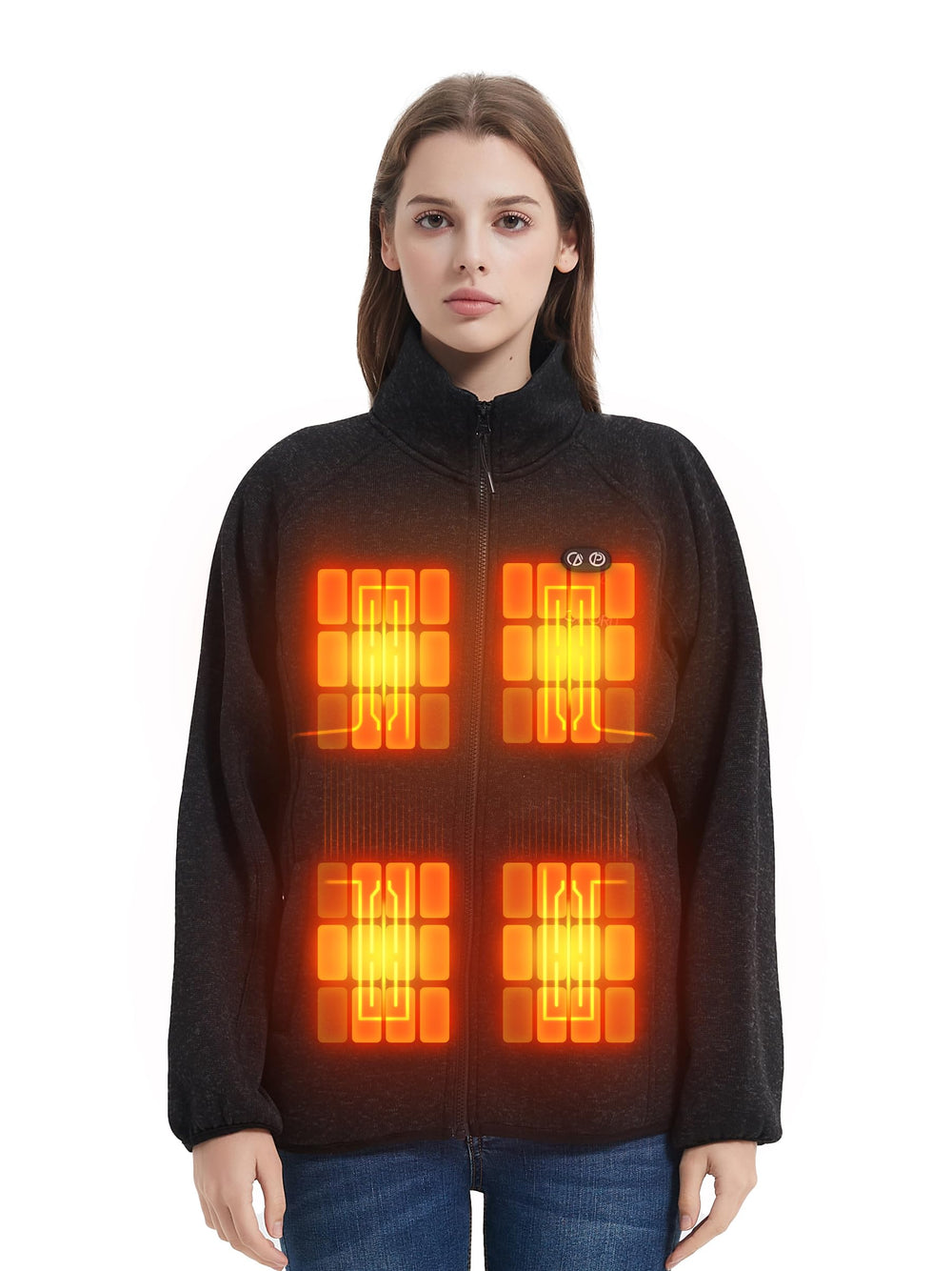 CAFORU heated hoodie for women front view with graphene panels for fast warmth outdoors.