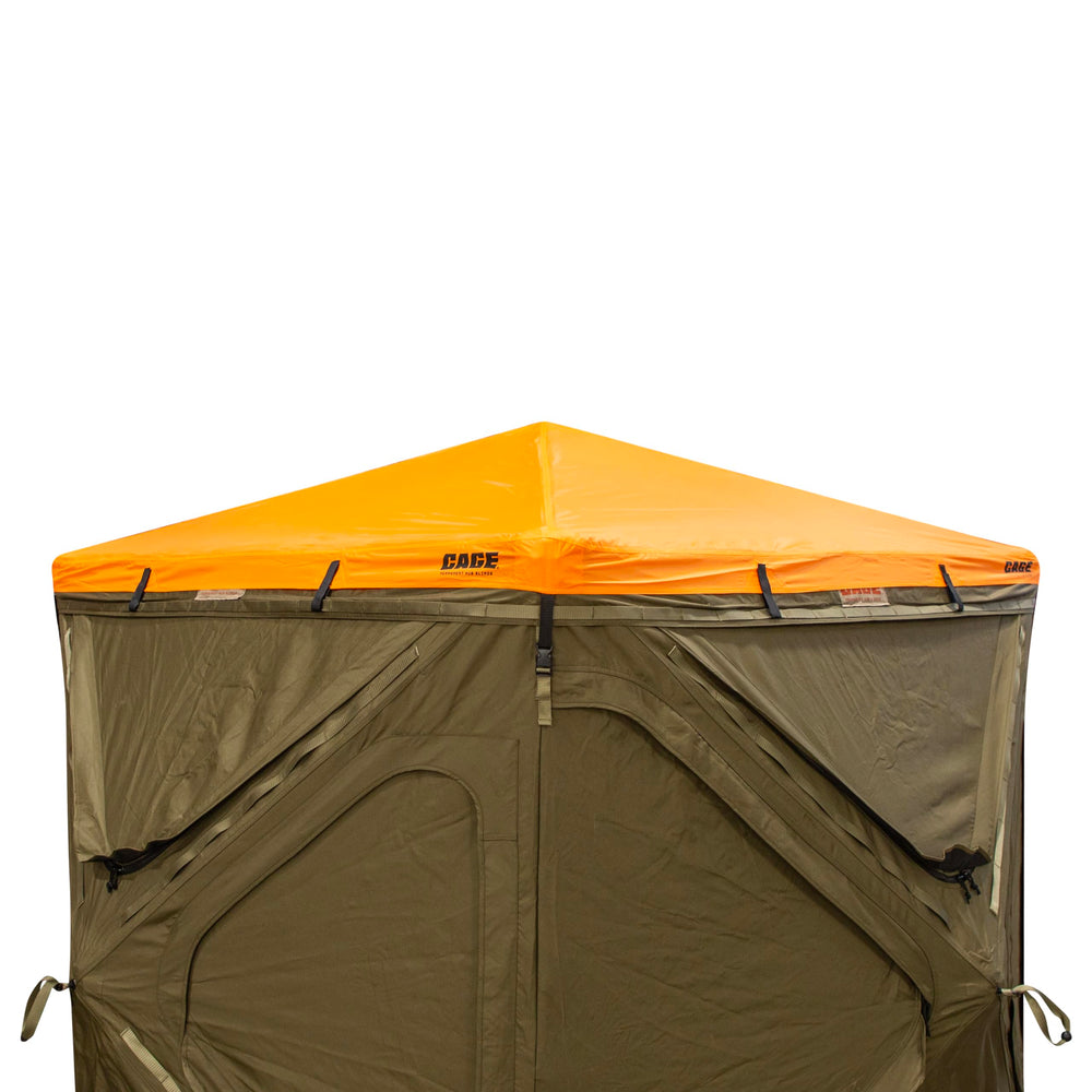 CAGE Blaze Orange Safety Cap on R30 hub blind with quick clips for easy setup