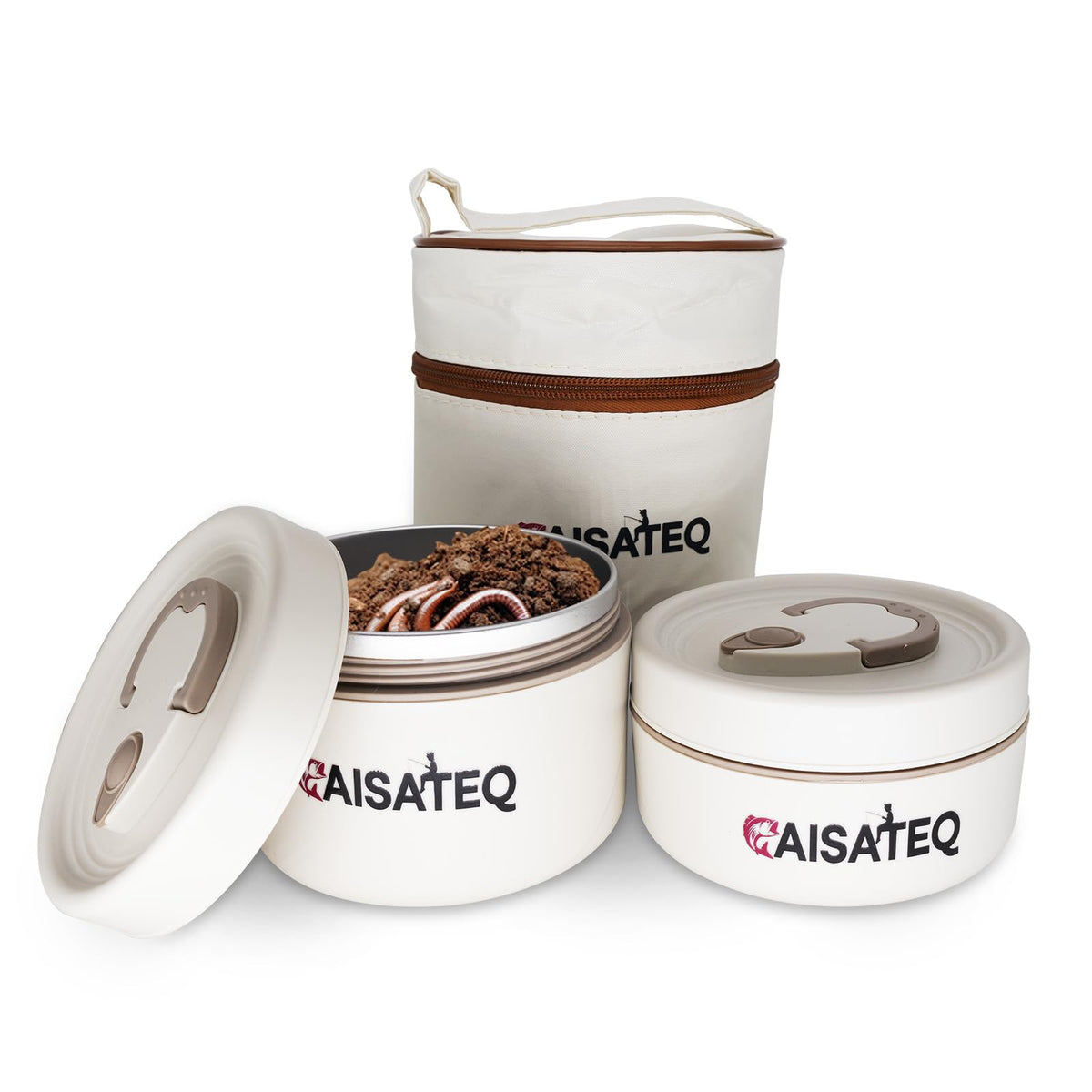 CAISATEQ stainless steel live bait container showing double-layer insulation for freshness