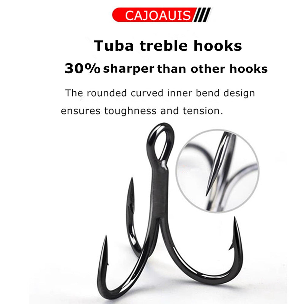 Close-up view of CAJOAUIS black round bend treble hook