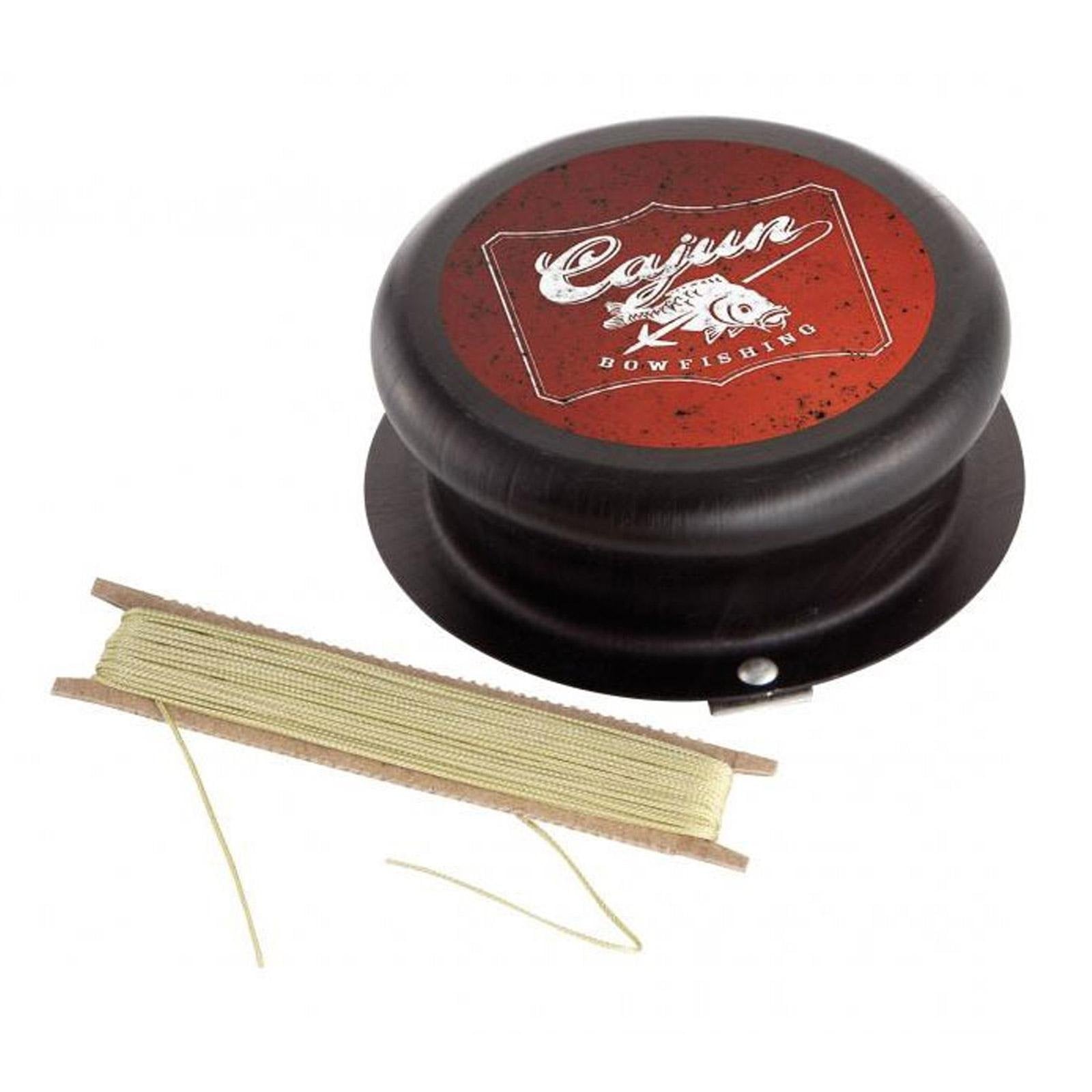 Cajun Bowfishing Screw-On Drum Reel mounted on bow stabilizer, durable aluminum construction for reliable fishing.