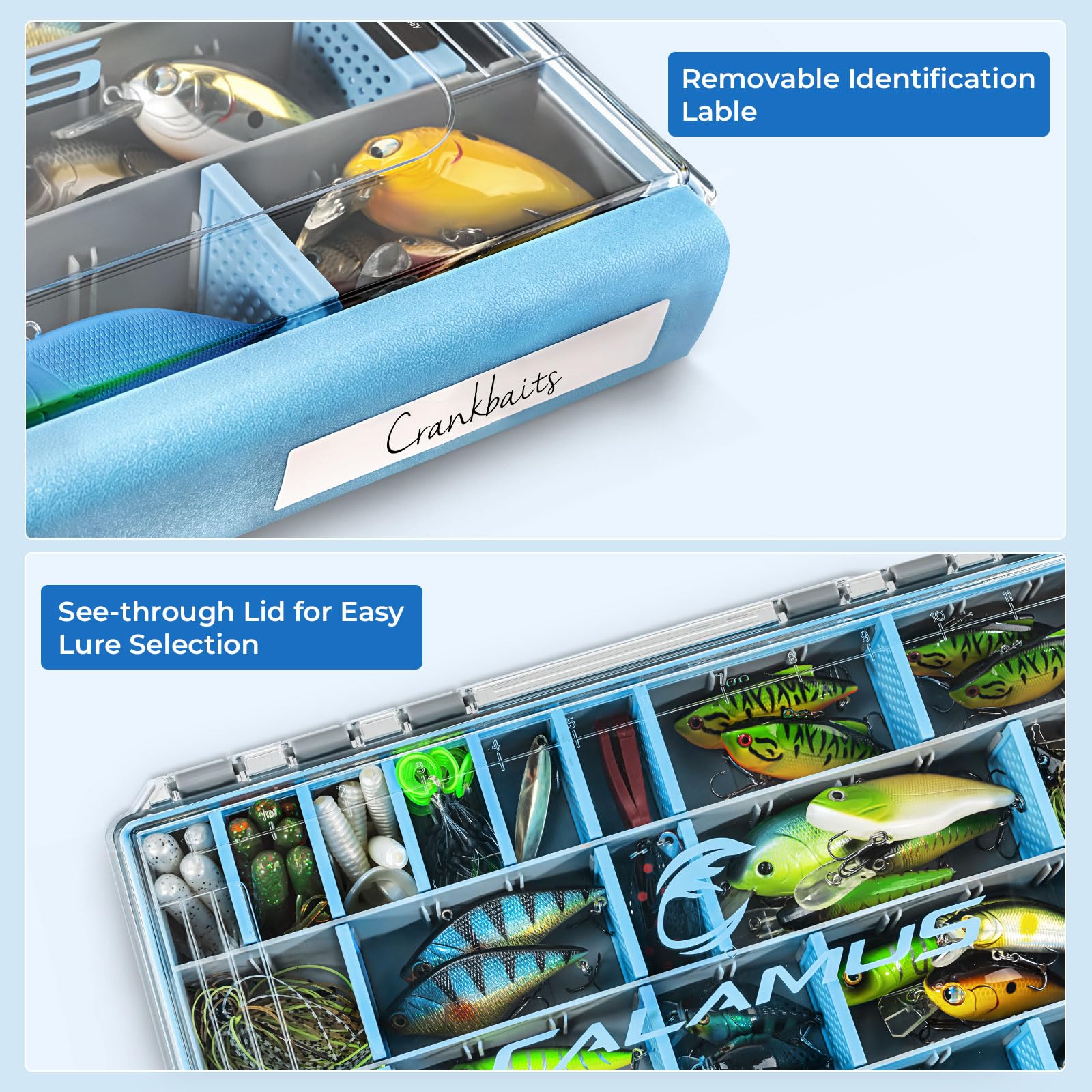 Calamus DryVault adjustable ventilated dividers organize many lure sizes