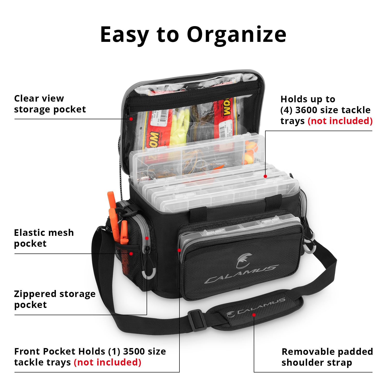 Calamus fishing tackle bag exterior pockets provide quick-access storage for tools.