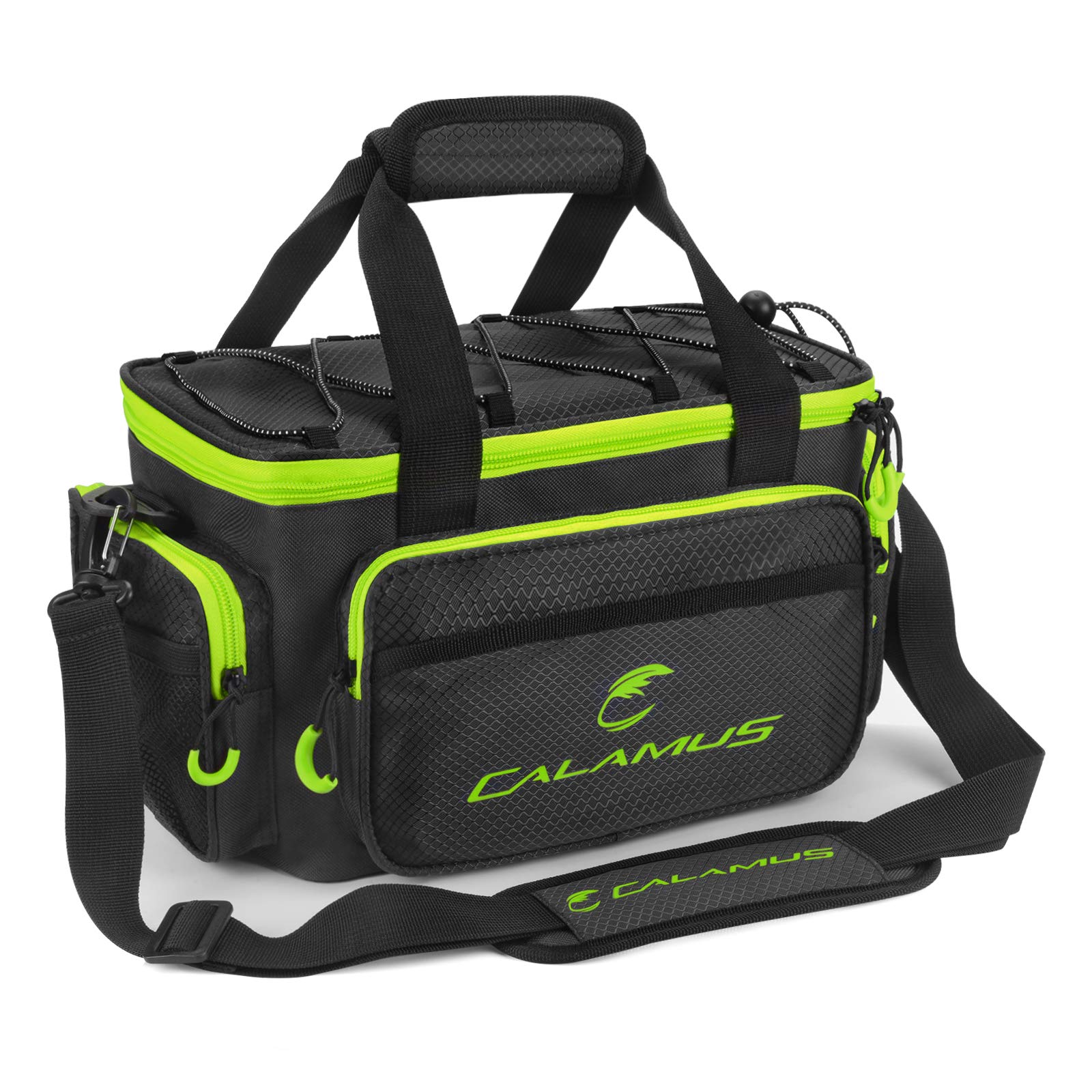 Calamus fishing tackle bag green side view highlighting ample gear storage for a day on the water