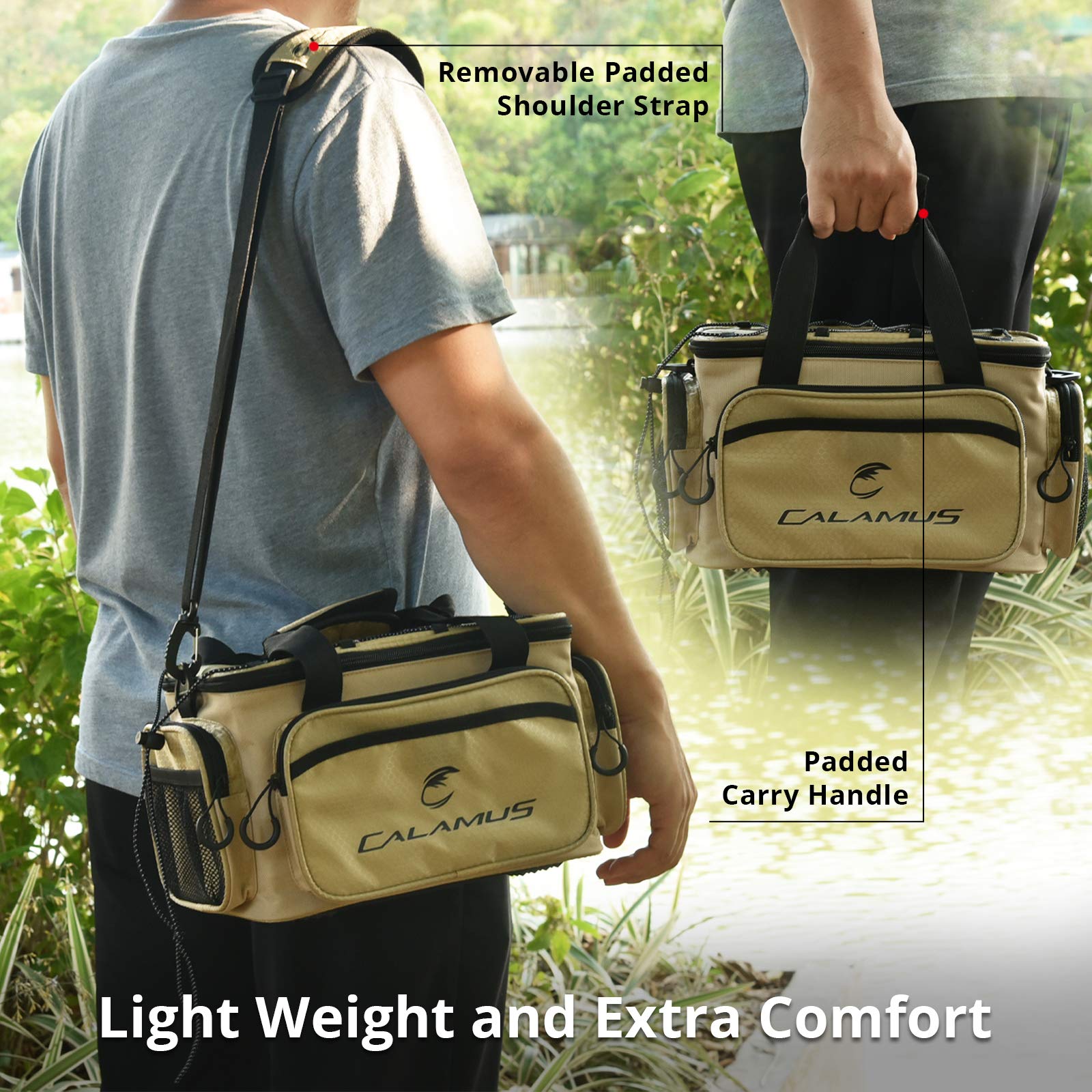 Calamus fishing tackle bag khaki bottom, rubber feet prevent sliding on boat decks.