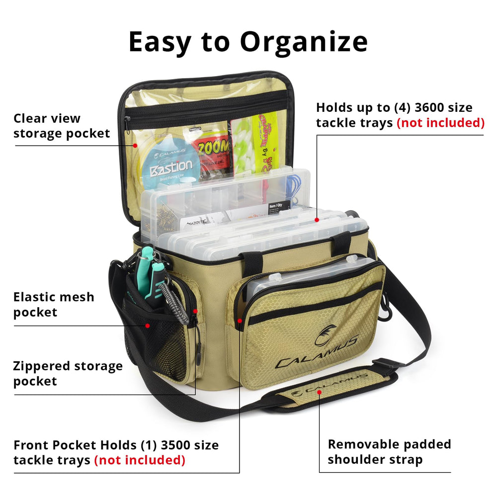 Calamus fishing tackle bag khaki open compartment, easy organization for lures and tools.