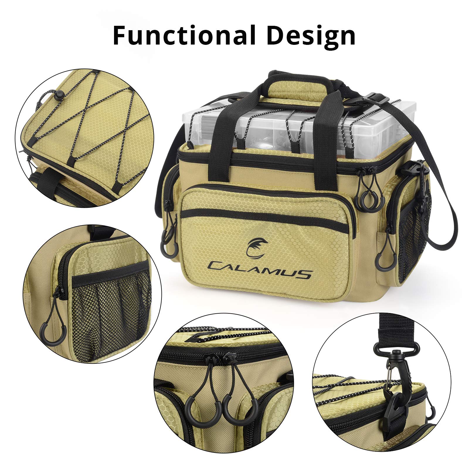Calamus fishing tackle bag khaki side pocket, quick-access storage for terminal tackle.