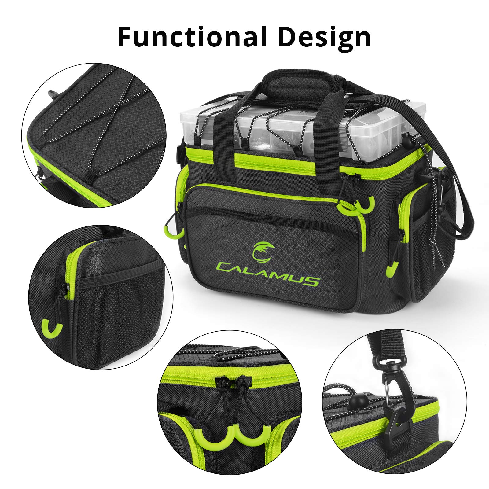 Calamus fishing tackle bag padded shoulder strap emphasizing comfortable carrying during long days