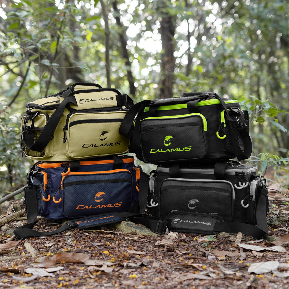 Calamus fishing tackle bag side view highlights rugged 600D rip-stop fabric.