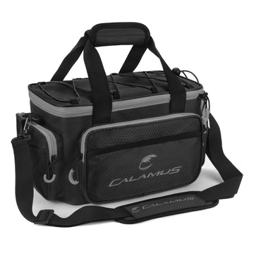Calamus fishing tackle bag top view shows compact saltwater-ready storage.