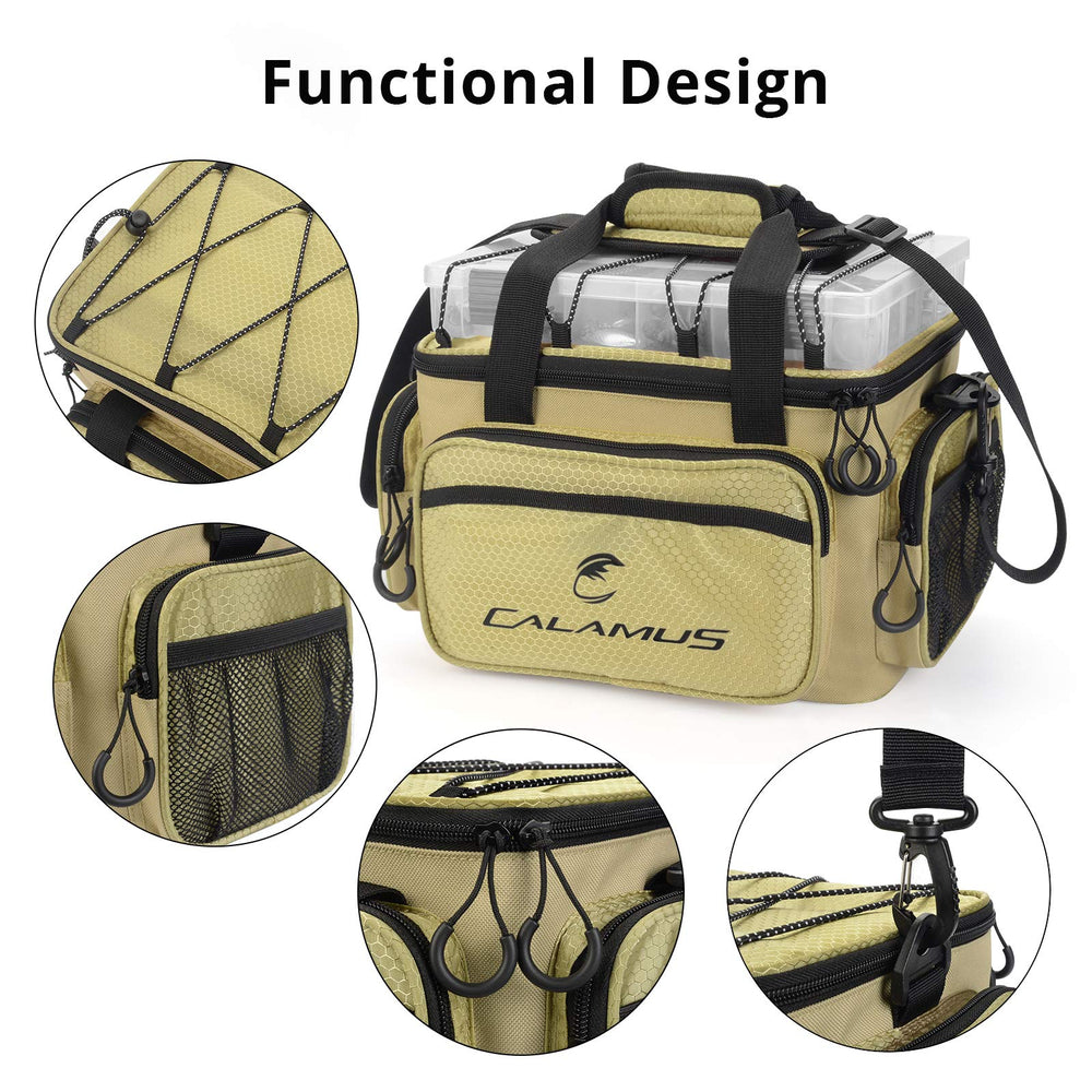 Open Calamus tackle bag showing internal compartments and pockets