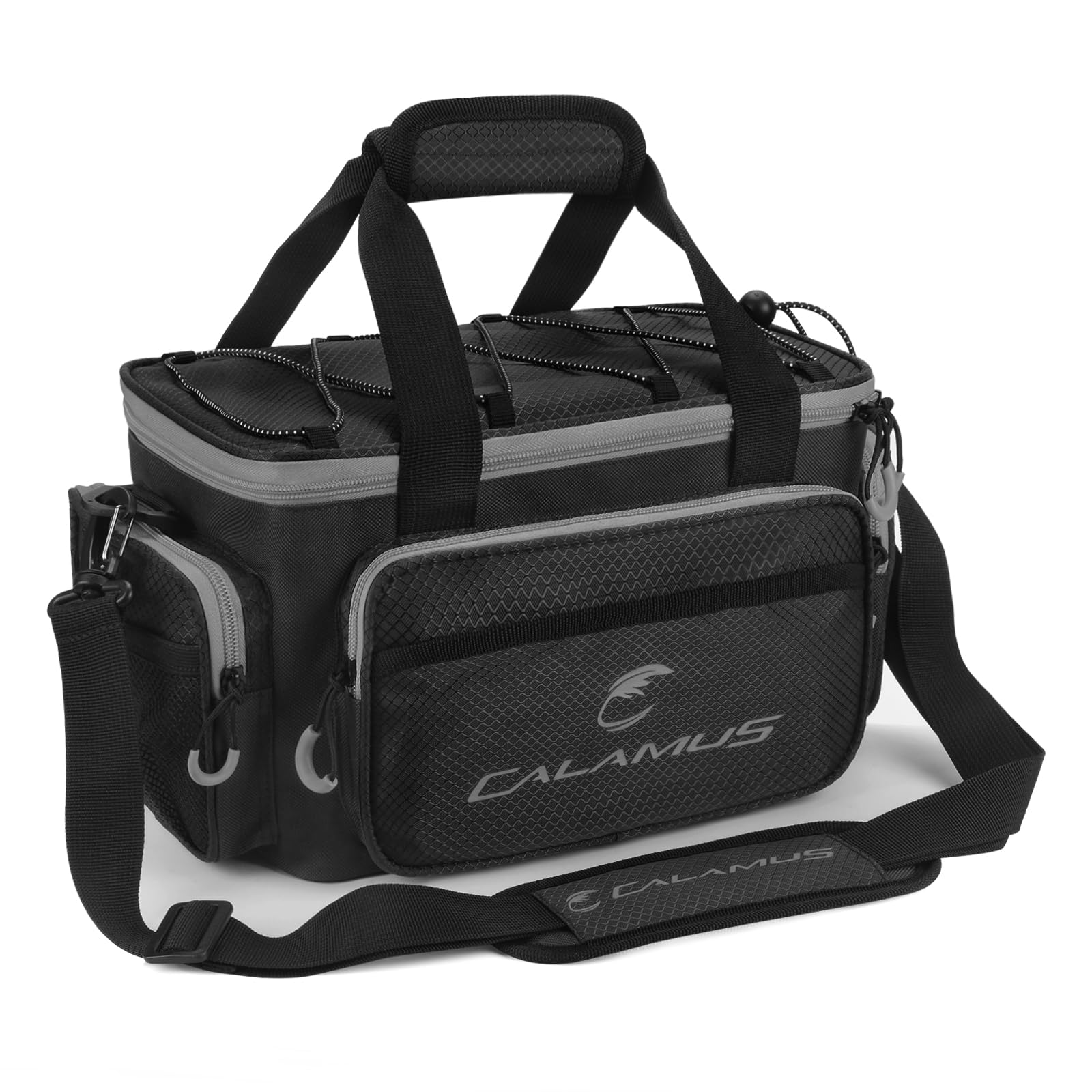 Calamus fishing tackle bag in black with padded shoulder strap