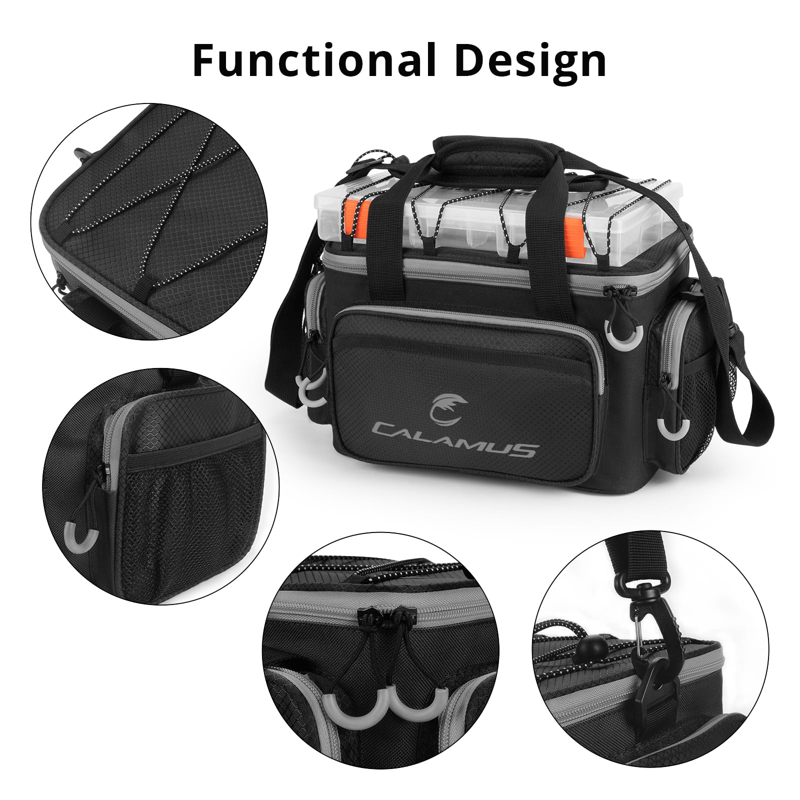 Calamus fishing tackle bag bottom features rubber feet for stable placement.