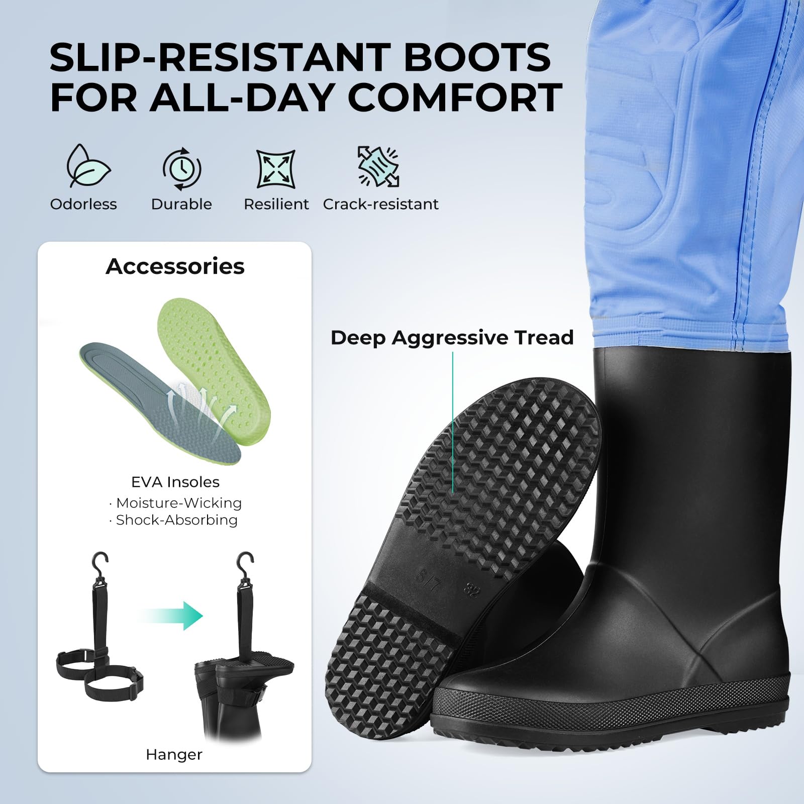 Calamus WaveWalker PVC boots with deep tread for stability on slippery shores