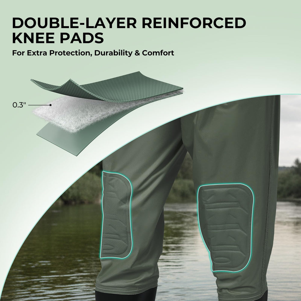 Calamus WaveWalker kids waders knee pads cushion knees during kneeling retrieves.