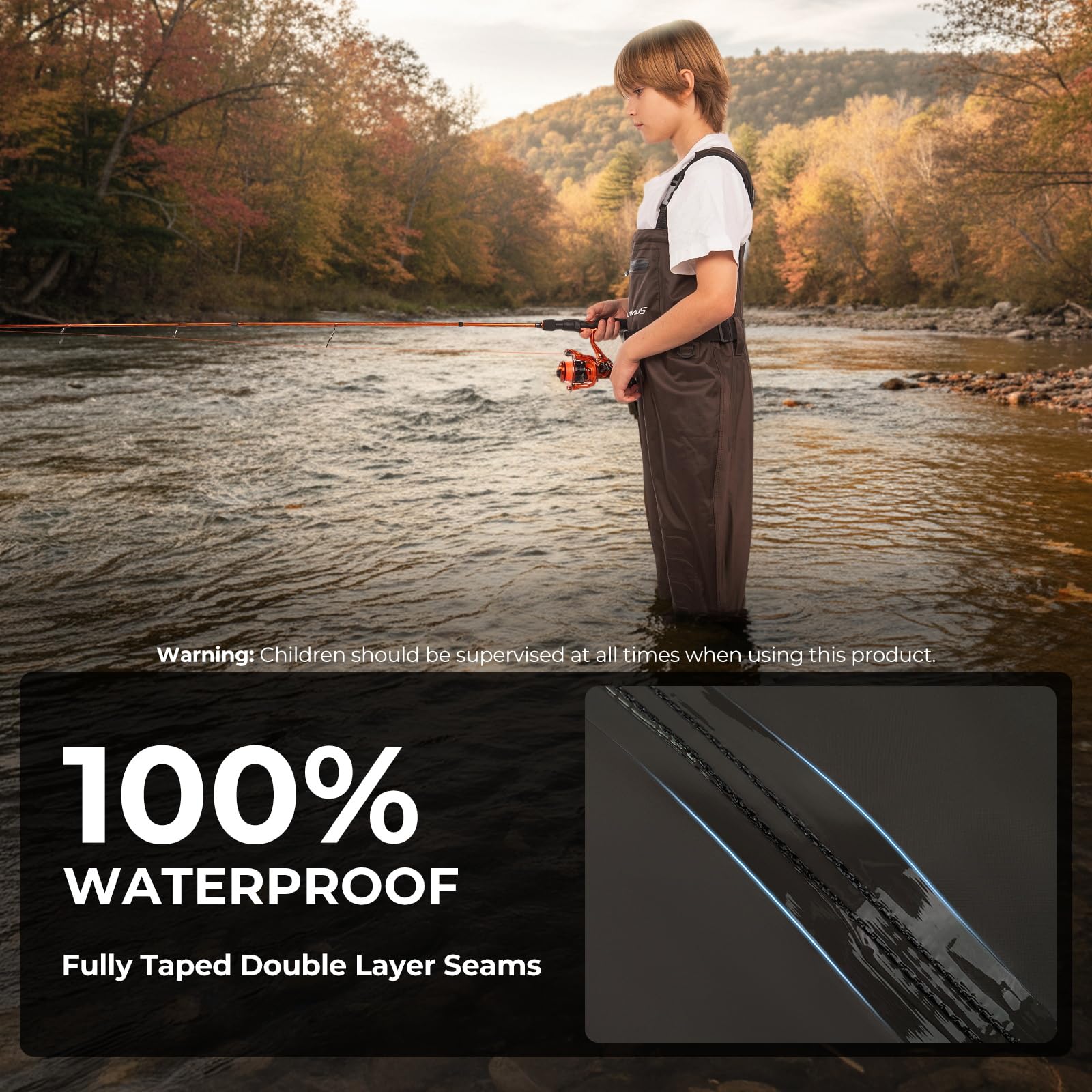 Calamus WaveWalker kids waders include knee pads for extra protection on rough banks.
