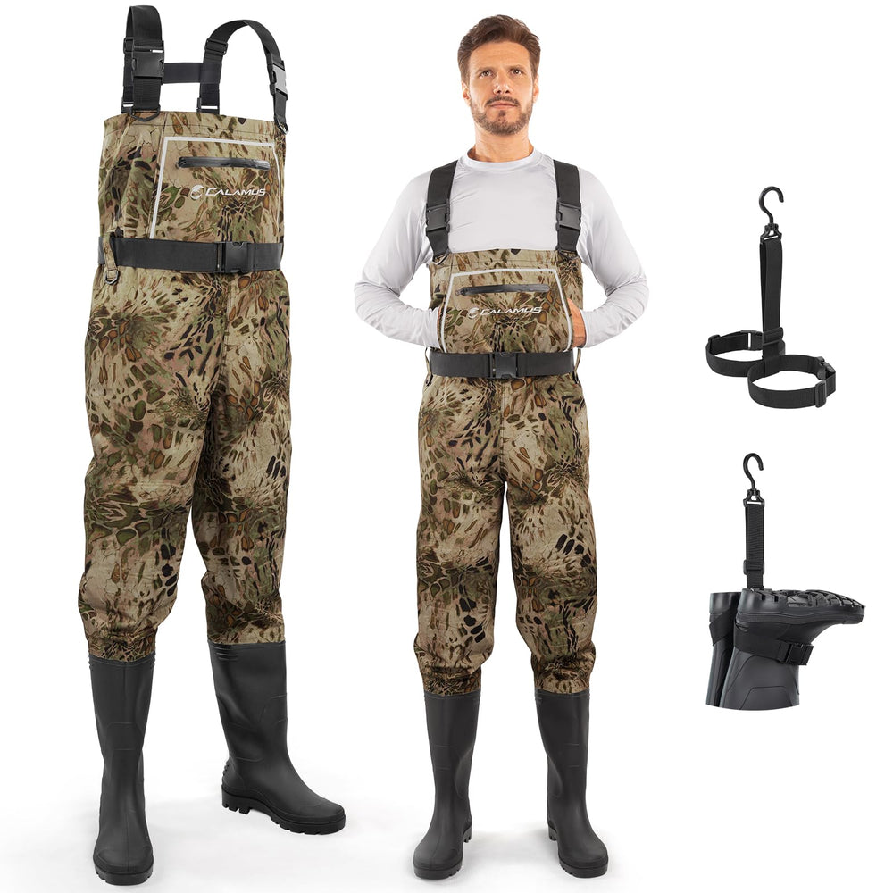 Calamus WaveWalker waders camo close-up highlights durable fabric for all-day fishing comfort.