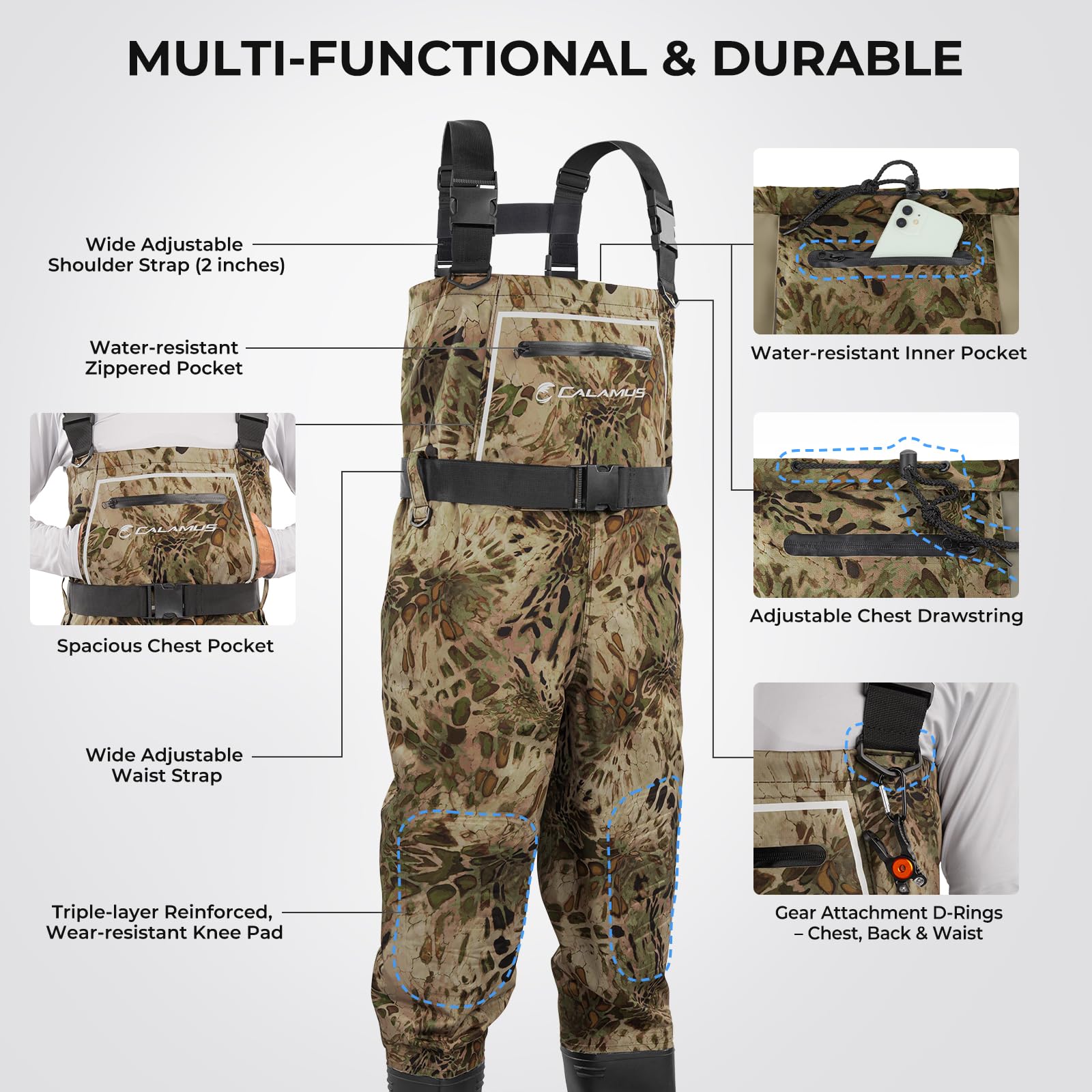 Calamus WaveWalker chest pocket keeps tools within easy reach.