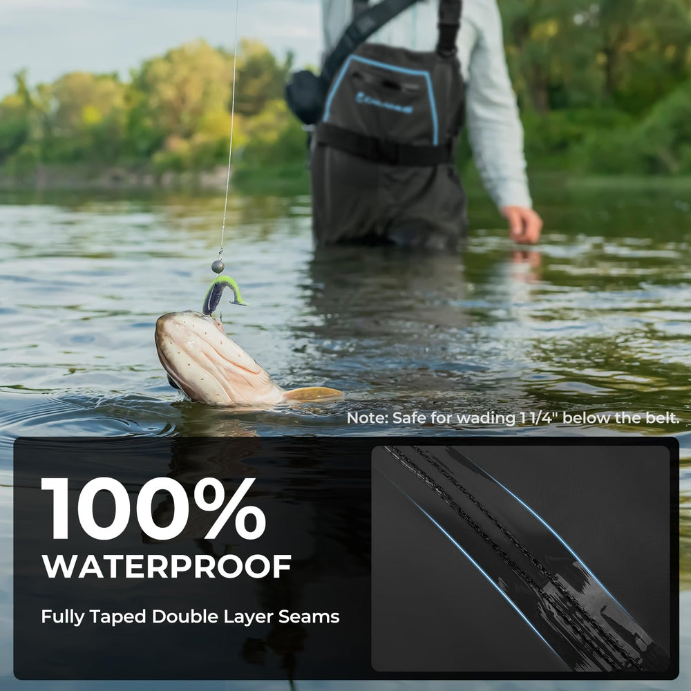 Calamus WaveWalker waders emphasize DWR finish and taped seams for moisture resistance.