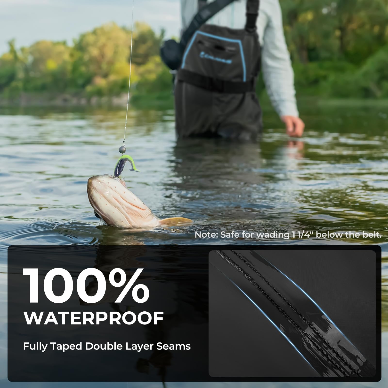 Calamus WaveWalker Fishing Waders knee pad detail demonstrating abrasion resistance.
